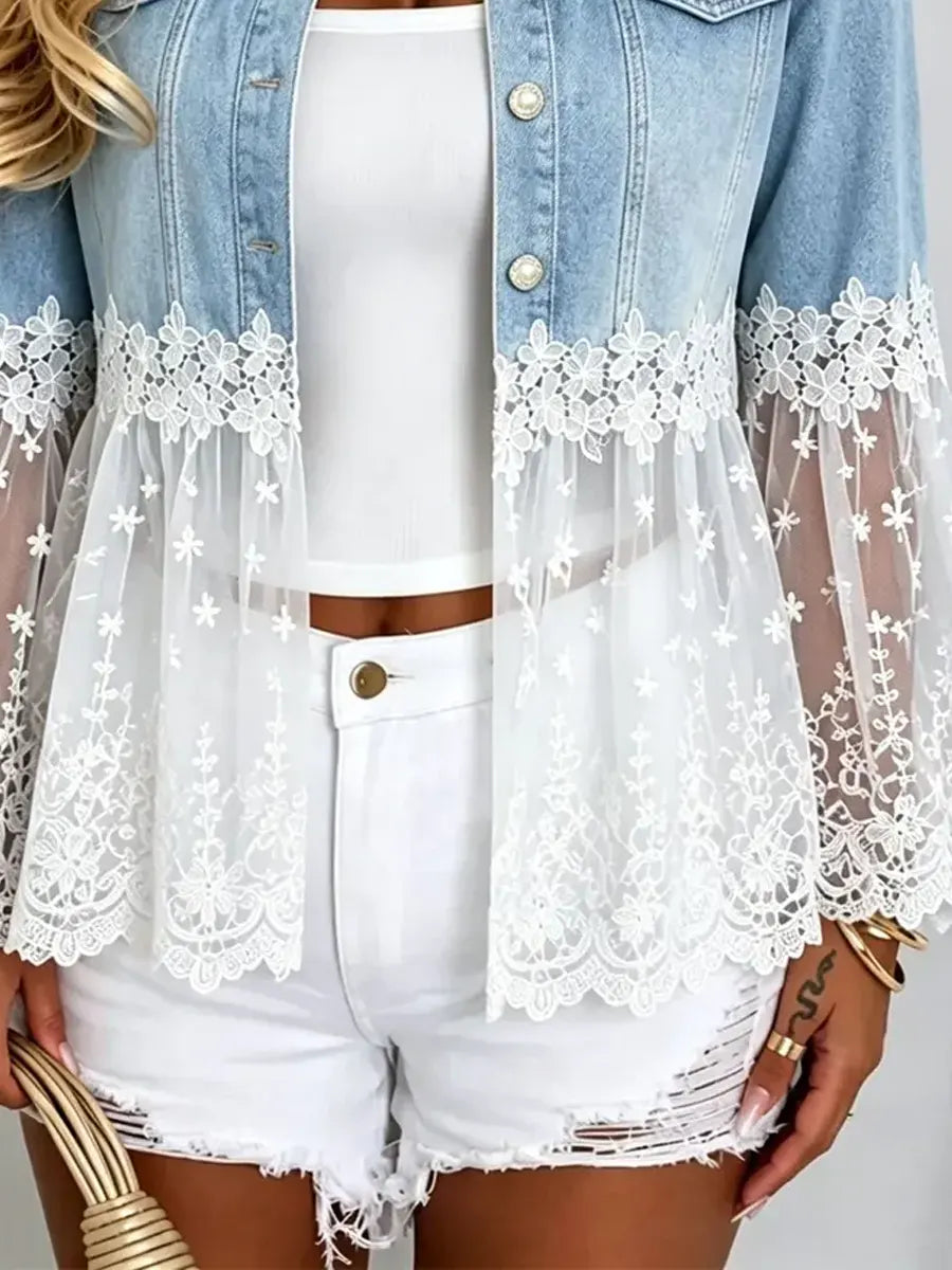 Retro Floral Lace Patchwork Casual Stylish Denim Lapel Coat