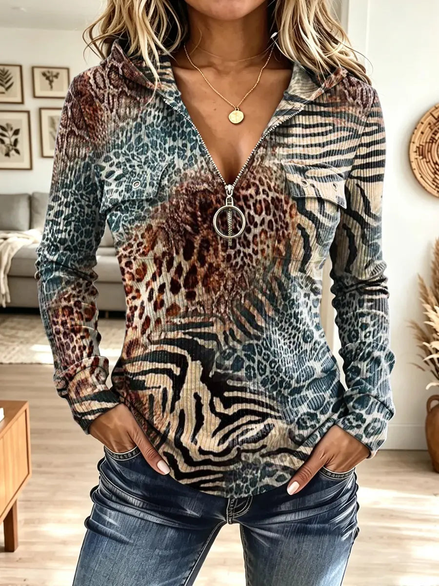 Vintage Leopard Pattern Zip Art Casual Stylish Hooded Long Sleeve Top