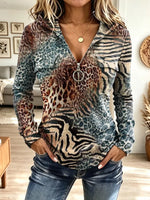 Vintage Leopard Pattern Zip Art Casual Stylish Hooded Long Sleeve Top