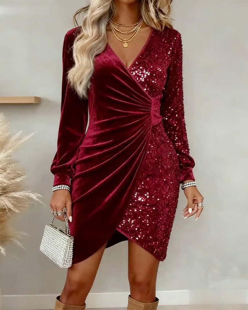 Velvet Sequin Patchwork Wrap Mini Dress Long Sleeve V‑Neck Party Cocktail Dress