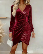 Velvet Sequin Patchwork Wrap Mini Dress Long Sleeve V‑Neck Party Cocktail Dress