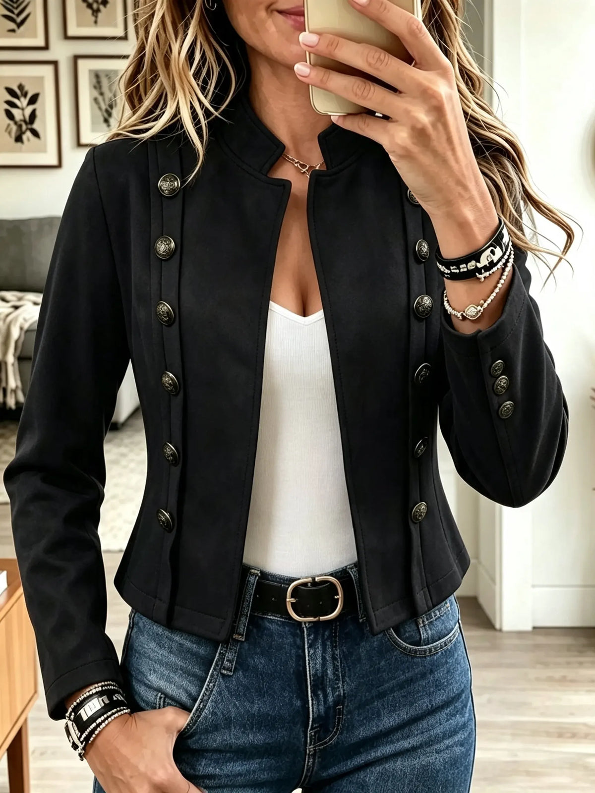 Women's Double-Breasted Suede Military Jacket