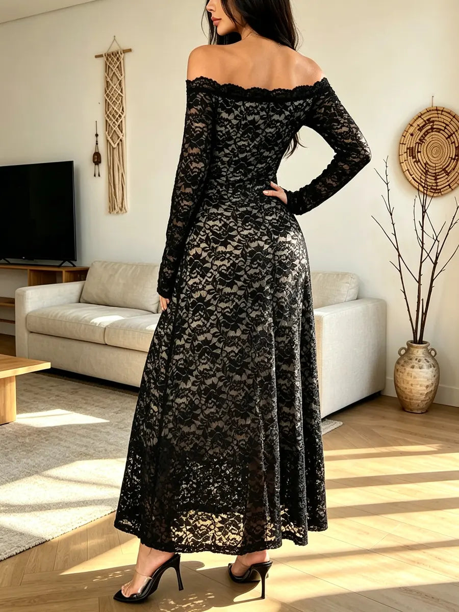 Retro Elegant Floral Lace Off-shoulder Art Casual Stylish Long Sleeve Dress