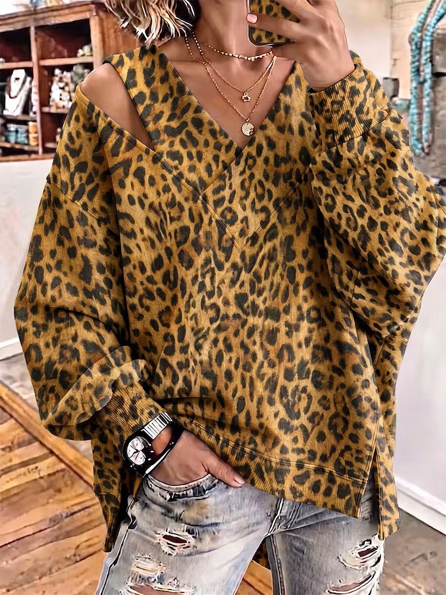Retro Leopard Pattern Art Print Casual Stylish V Collar Long Sleeve Sweatshirt