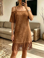 Vintage Elegant Suede Patchwork Tassels Dress