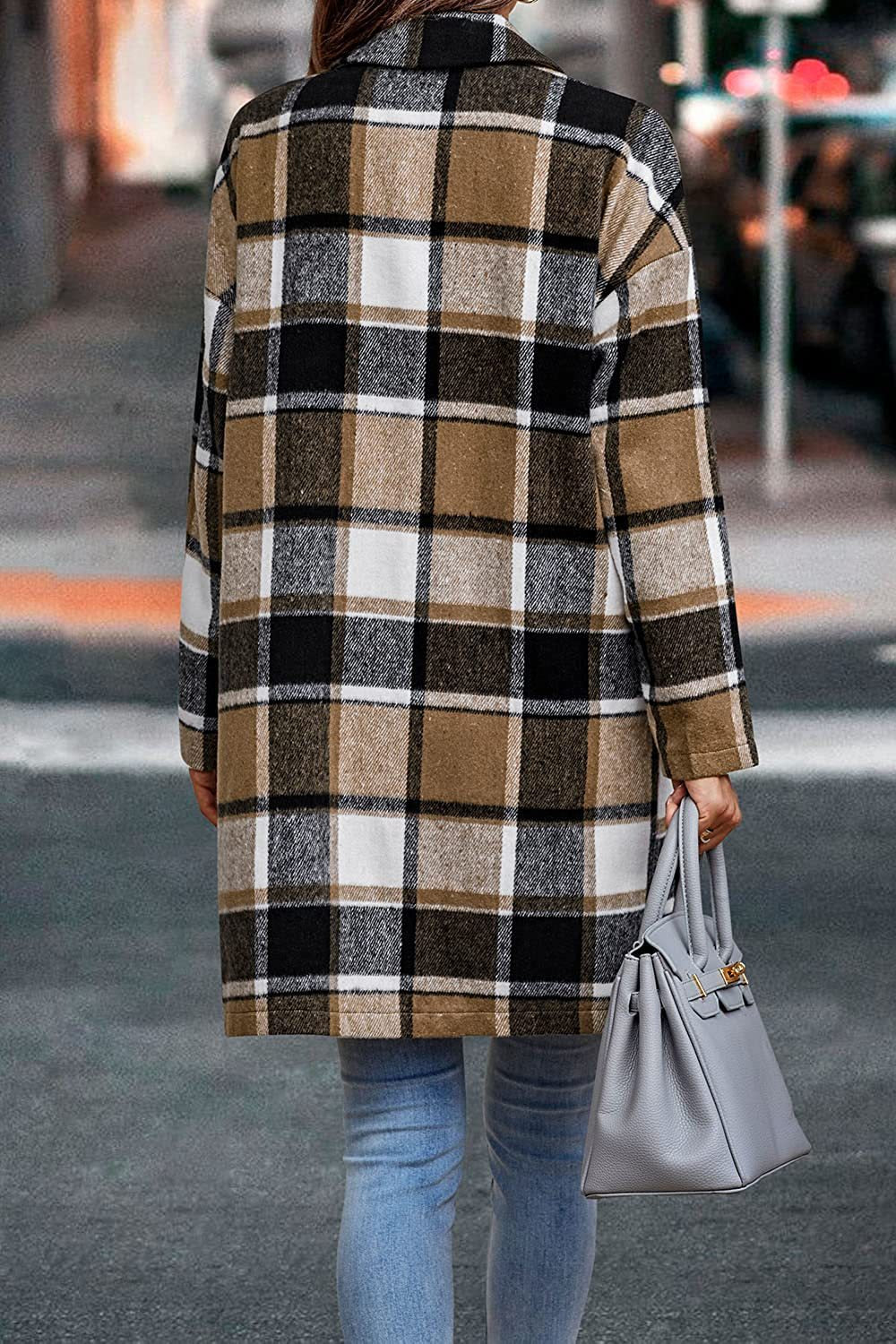 Women Plaid Notched Lapel Mid‑Length Wool Blend Coat, Casual Button Down Oversized Outerwear