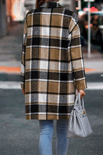 Women Plaid Notched Lapel Mid‑Length Wool Blend Coat, Casual Button Down Oversized Outerwear