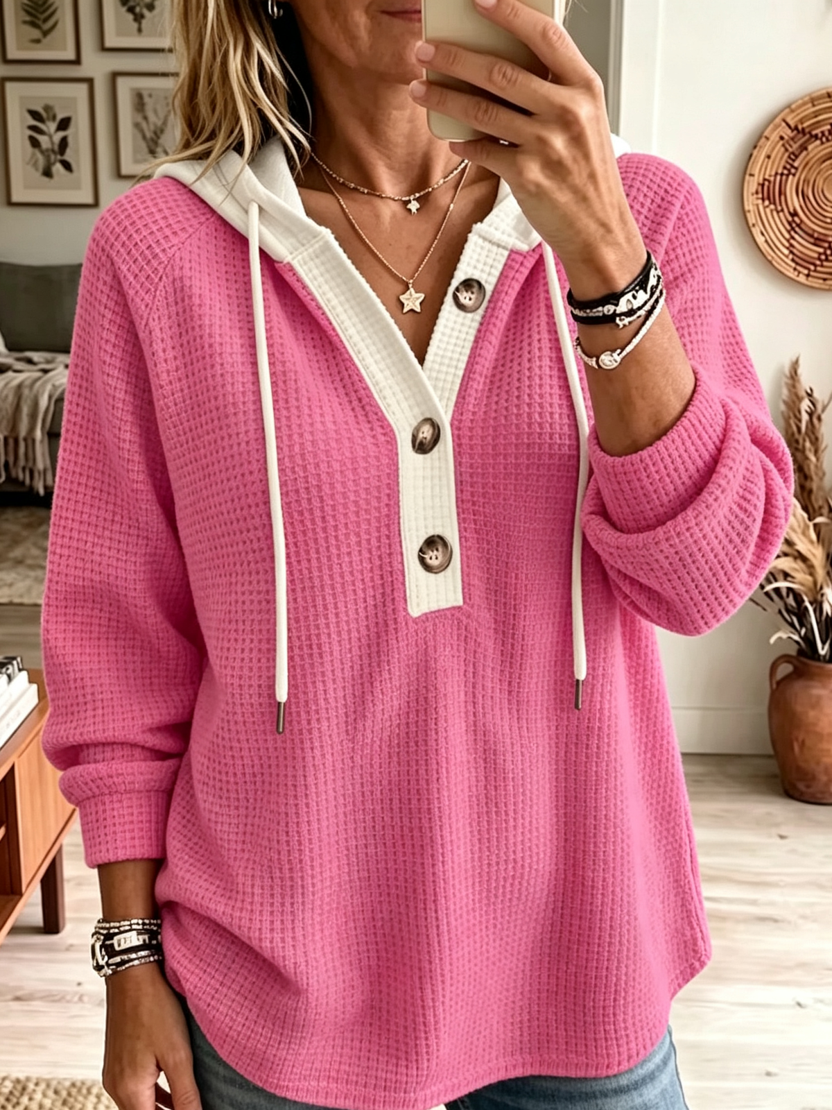 Women's Contrast Trim Waffle Knit Hoodie