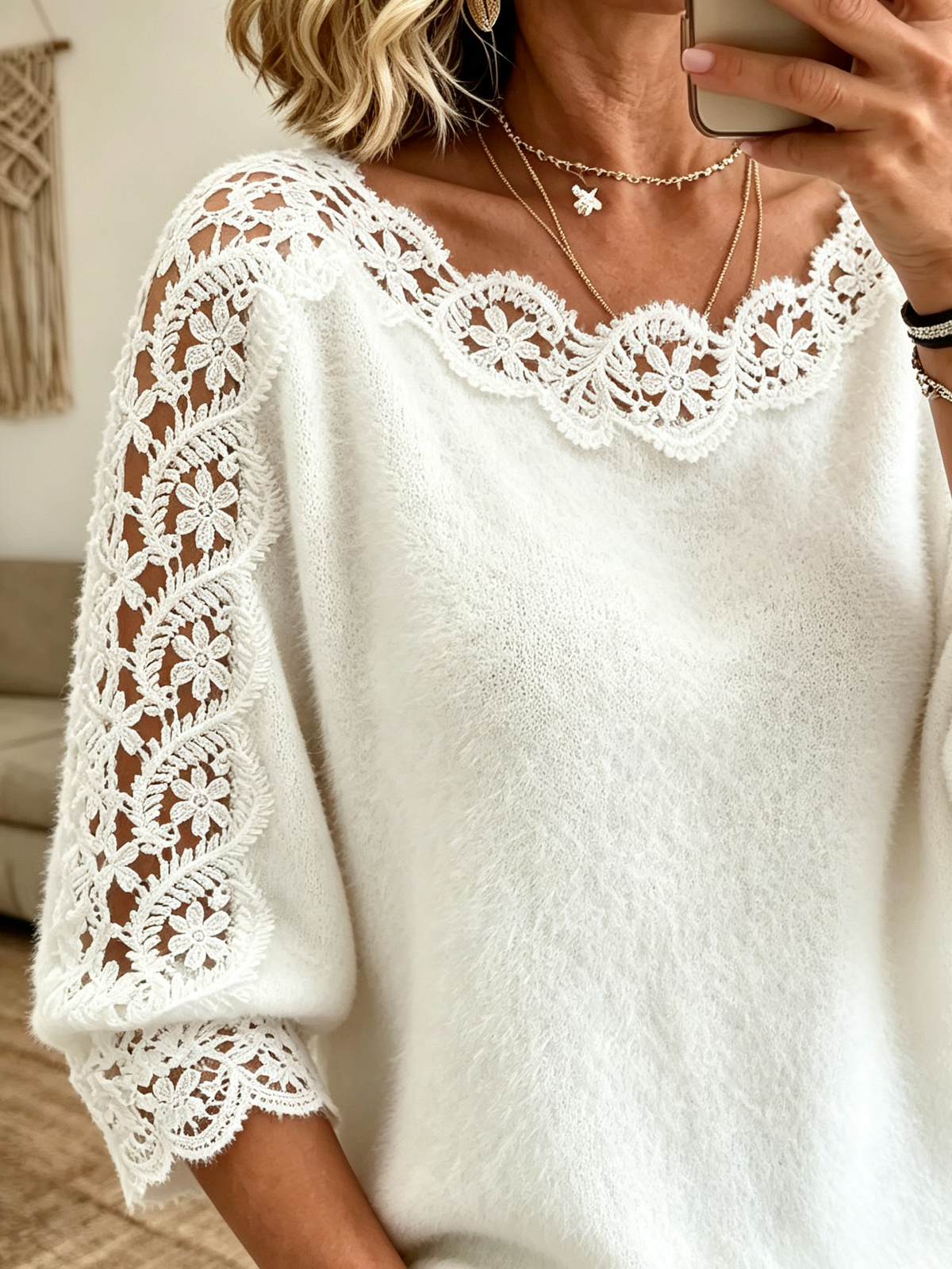 Women's Lace Trim Off-the-Shoulder Sweater