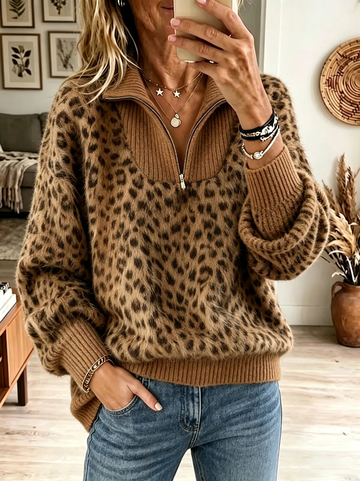 Women's Fuzzy Leopard Print Half-Zip Pullover