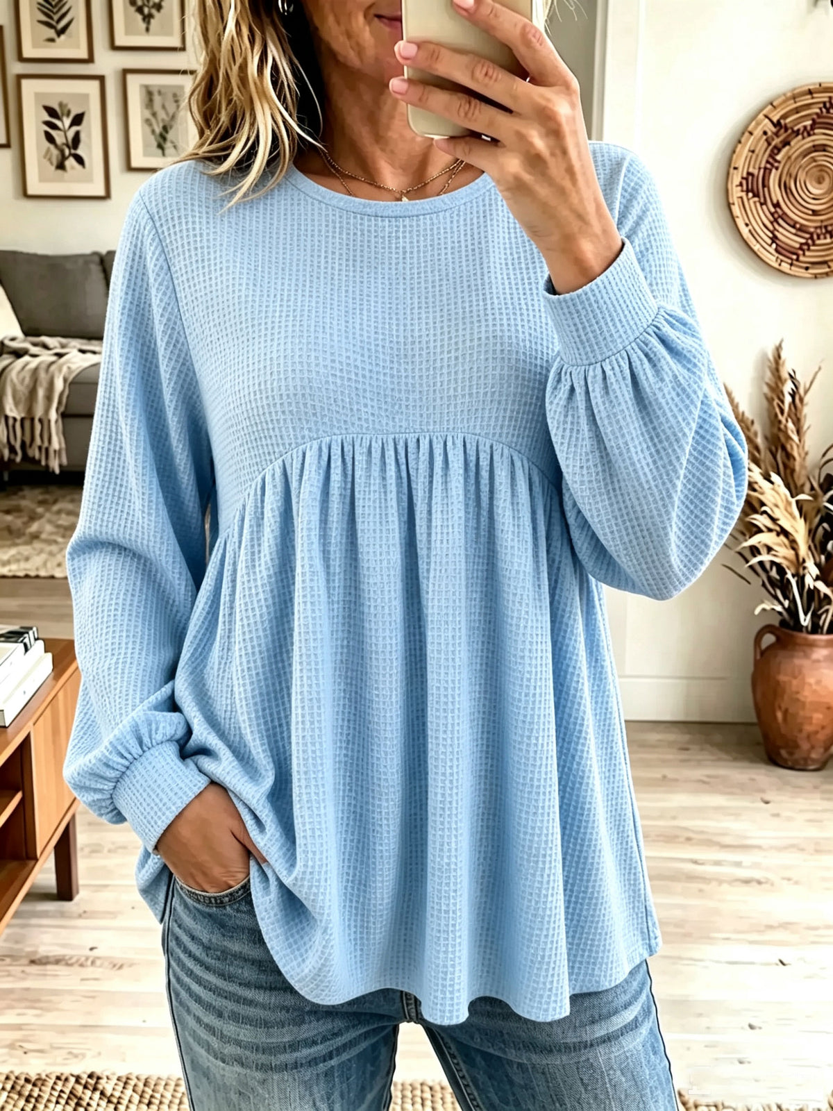 Women's Waffle Knit Long Sleeve Babydoll Top, Round Neck Puff Sleeve Loose Flowy Blouse