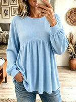 Women's Waffle Knit Long Sleeve Babydoll Top, Round Neck Puff Sleeve Loose Flowy Blouse