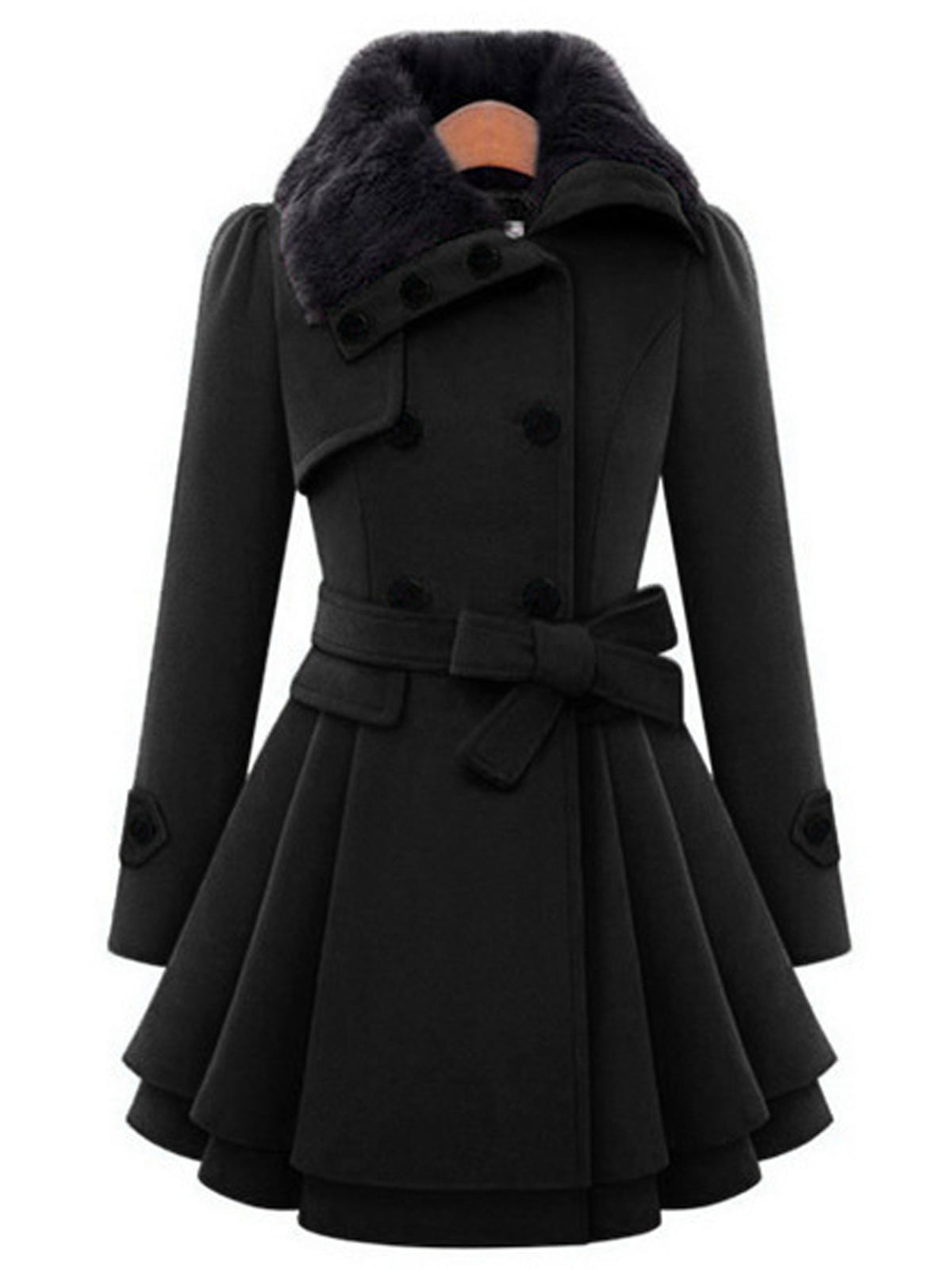 Faux Fur Collar Double‑Breasted Peplum Coat, Belted Short Winter Outerwear