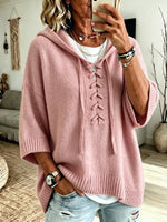 Women's Oversized Lace-Up Hooded Knit Sweater, Long Sleeve Loose Casual Pullover