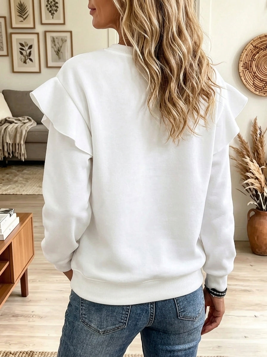 Women's Lace Yoke Ruffle Shoulder Fleece Sweatshirt