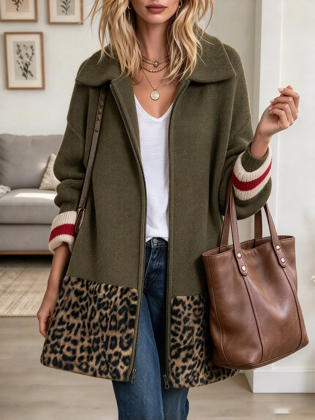 Women's Leopard Hem Zip-Up Knit Cardigan