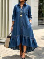 Women Denim Shirt Maxi Dress Lapel Collar Button‑Front Long Sleeve Ruffled High‑Low Hem Dress With Pockets