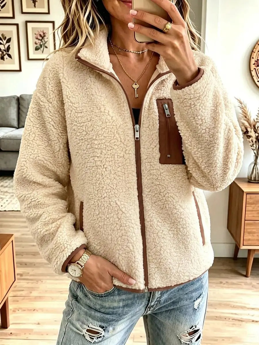 Retro Zip Fleece Pockets Art Casual Stylish Long Sleeve Coat