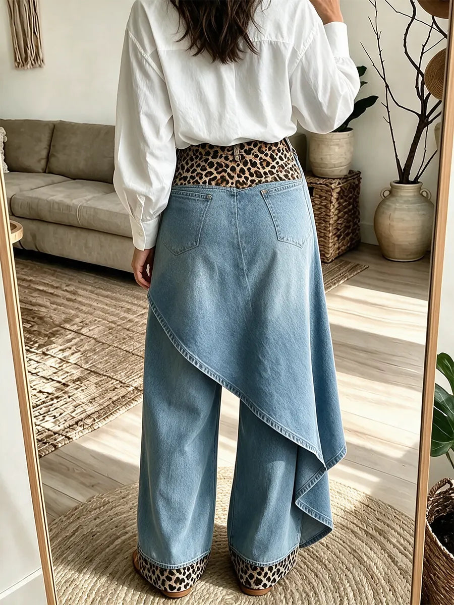 Women's Leopard Print Patchwork Wide-leg Jeans