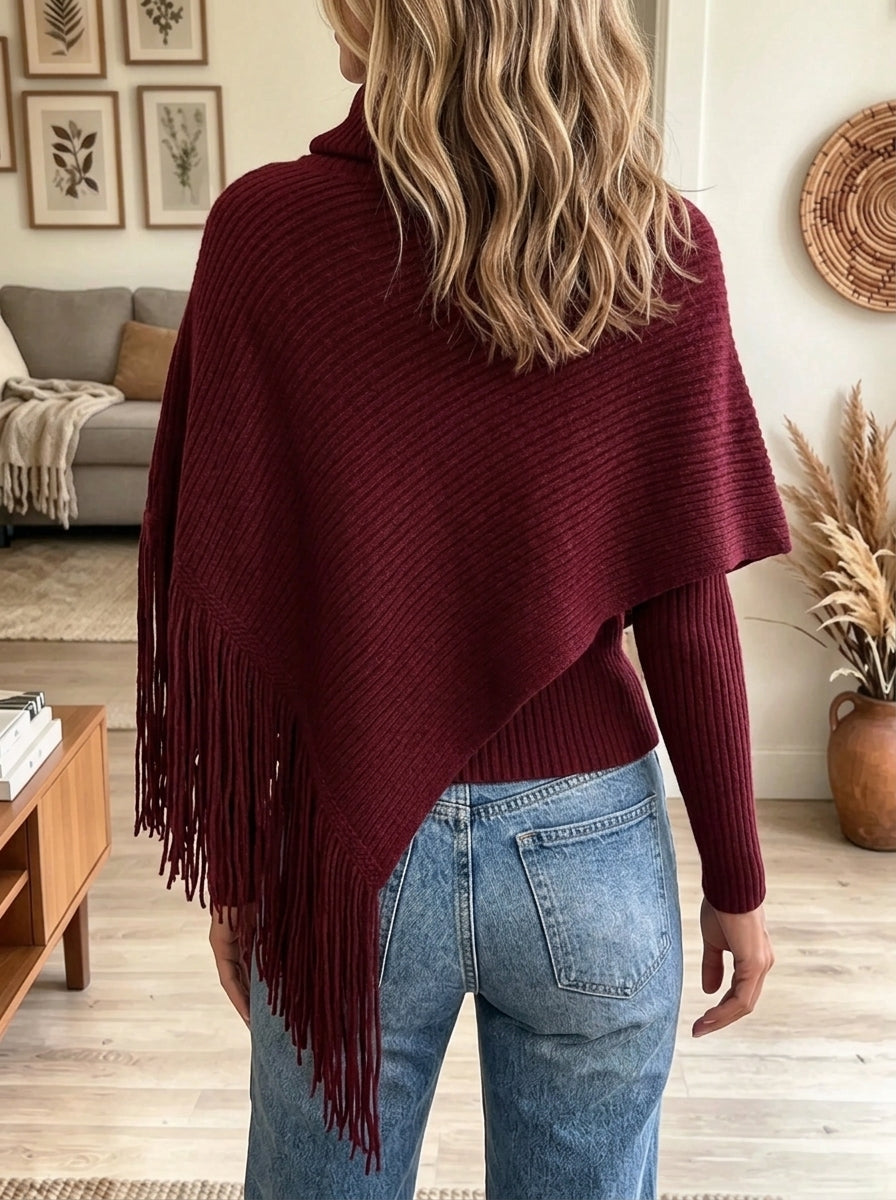 Women's Turtleneck Fringe Trim Ribbed Knit Poncho