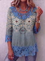Vintage Elegant Pattern Print Patchwork Hollowed Out Lace Shirt