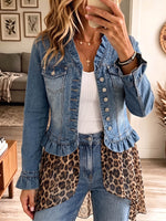 Vintage Elegant Sparkling Rhinestones Denim Patchwork Leopard Print Jacket