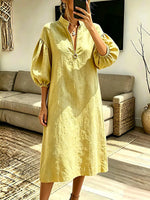 Vintage Elegant Cotton Linen Stand-up Collar Puff Sleeve Half Zipper Dress
