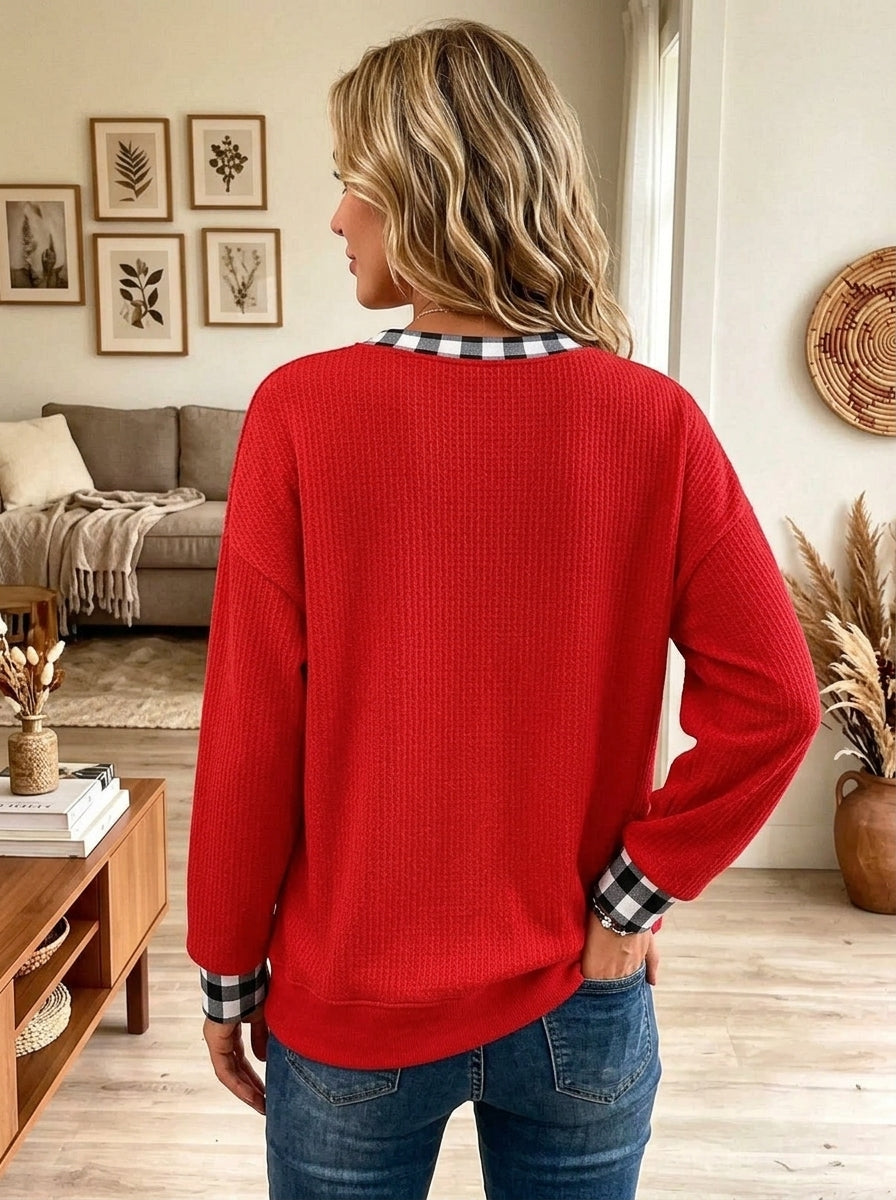 Red Waffle Knit Christmas Tree Buffalo Plaid Cuff Sweatshirt