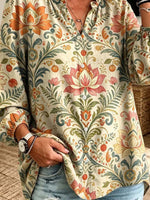 Retro Floral Pattern Art Print Casual Long Sleeve Cotton Linen Shirt