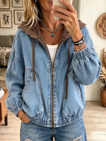 Women's Crochet Lace Trim Hooded Denim Bomber Jacket