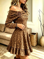 Women's Off-the-Shoulder 3D Rose Leopard Mini Dress