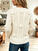 Women's Cable Knit Sweater with 3D Floral Appliques Crew Neck Long Sleeve Pullover