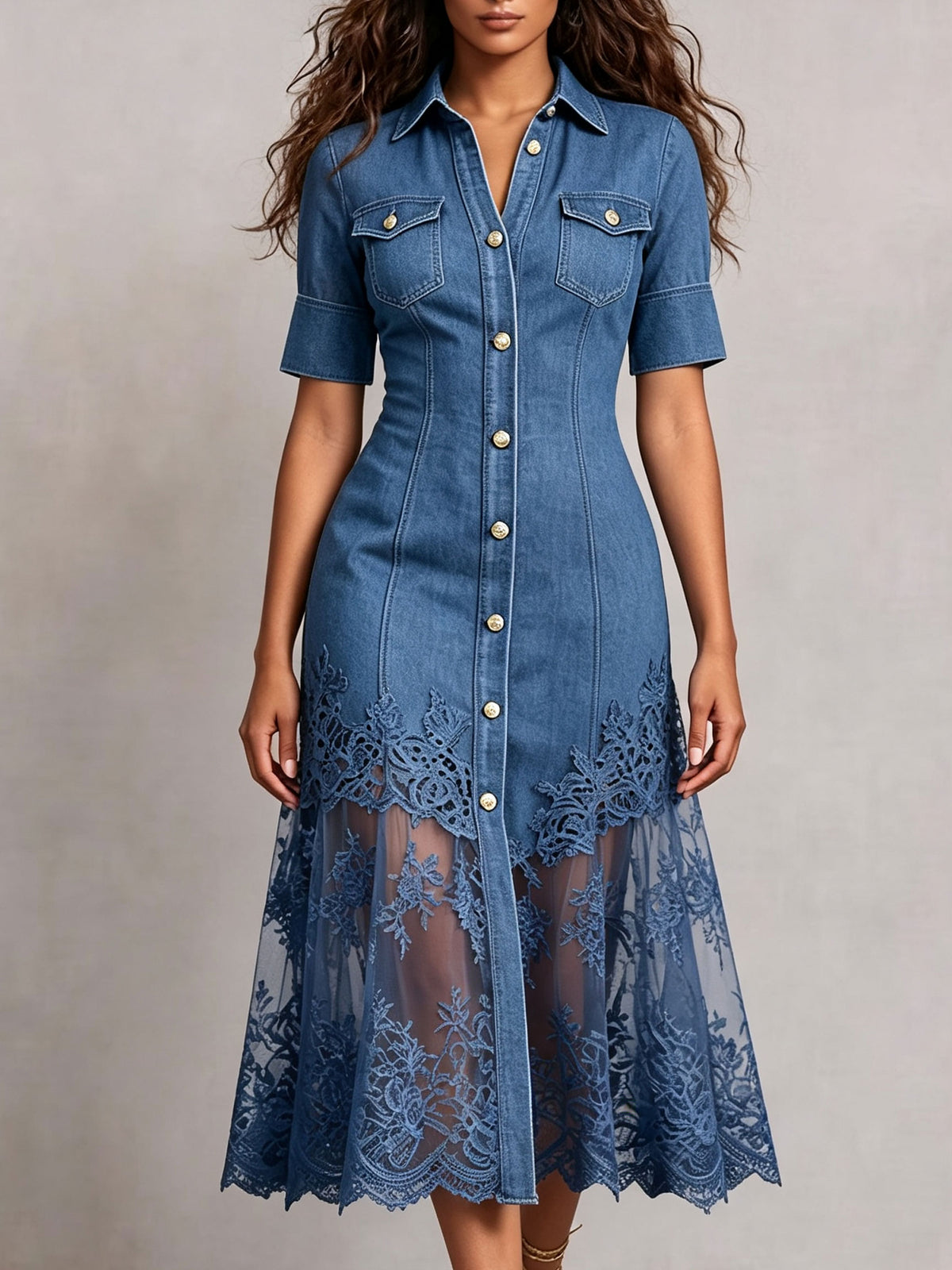 ollared Button Front Denim Lace Spliced Short Sleeve Midi Dress