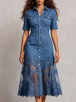ollared Button Front Denim Lace Spliced Short Sleeve Midi Dress