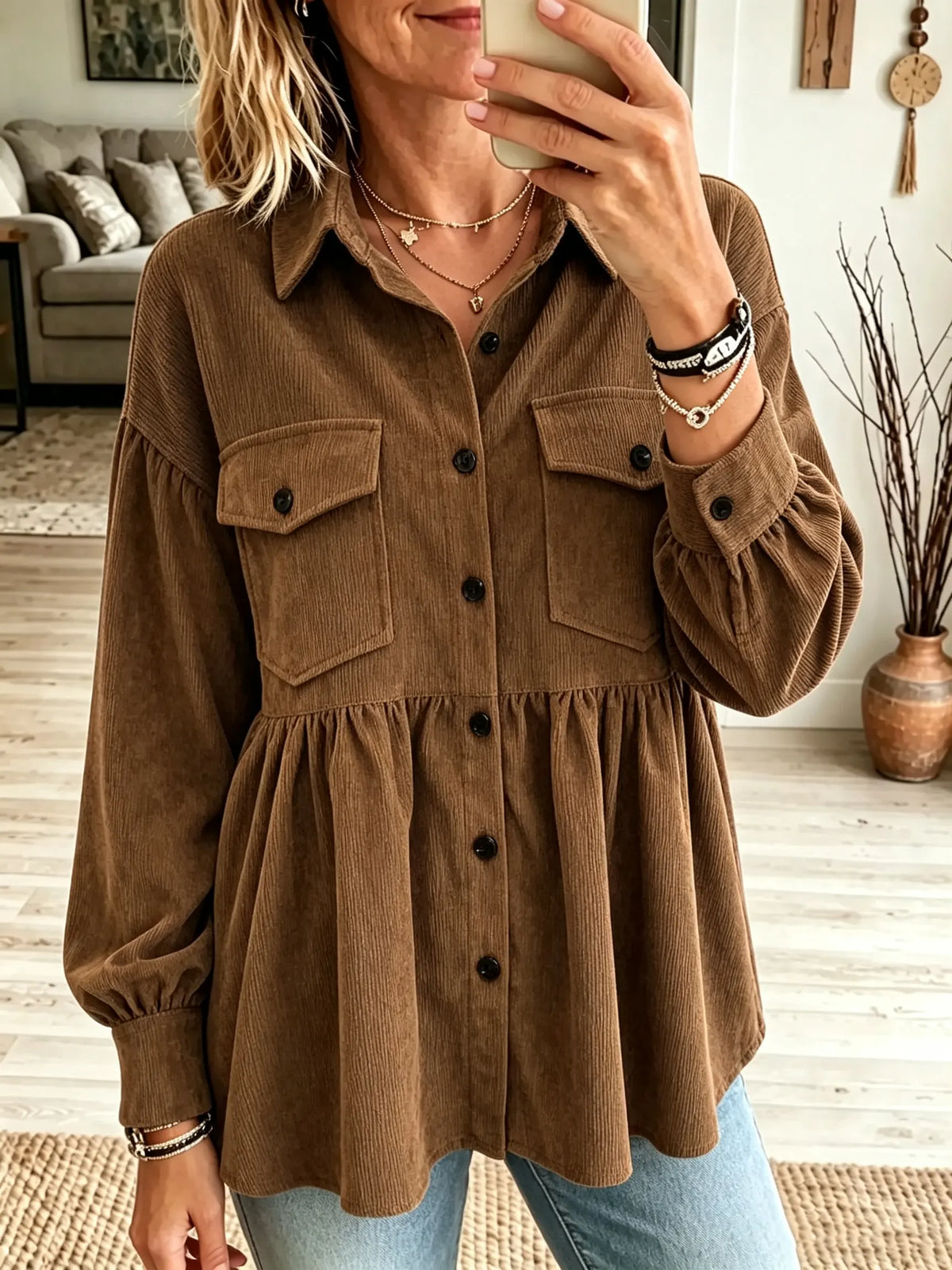 Women's Peplum Ruffle Corduroy Button-Down Shirt