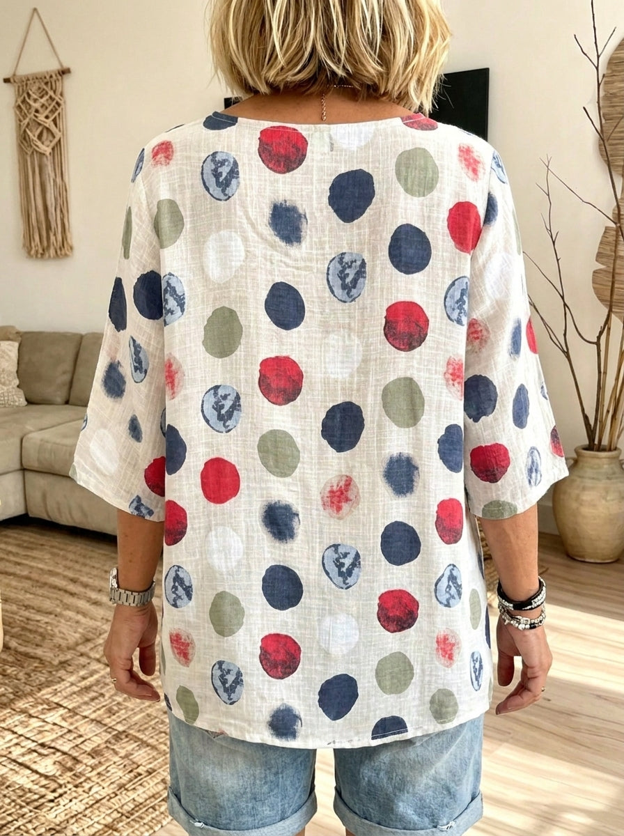 Women Watercolor Polka Dot Print 3/4 Sleeve Loose Linen Blend Blouse Top