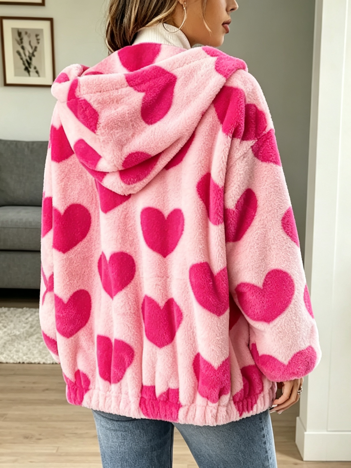 Women's Heart Fuzzy Fleece Hoodie Jacket