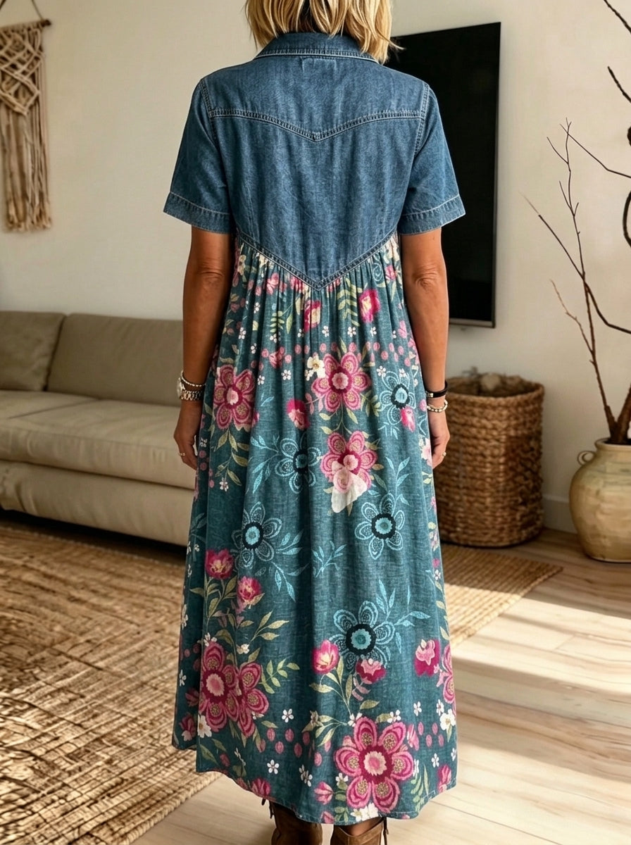 Women’s Denim Spliced Floral Print Short Sleeve Button Front Midi Dress