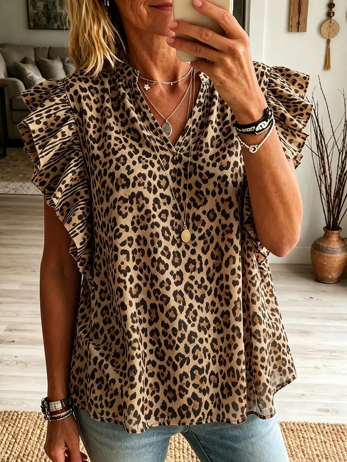 Women's Layered Ruffle Sleeve Leopard Print Blouse