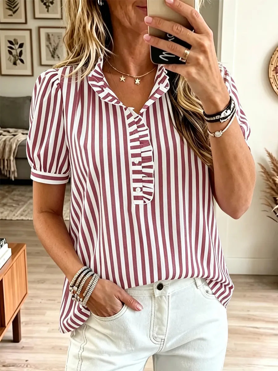Retro Stripe Pattern Art Ruffle Casual Stylish Short Sleeve Shirt