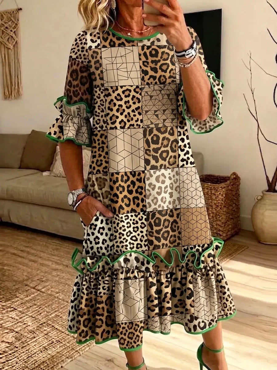 Retro Leopard Patchwork Pattern Art Print Casual Ruffle Stylish Cotton Linen Dress
