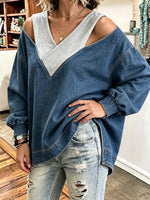 Women's V‑neck Fake Two‑piece Cold Shoulder Denim Sweatshirt