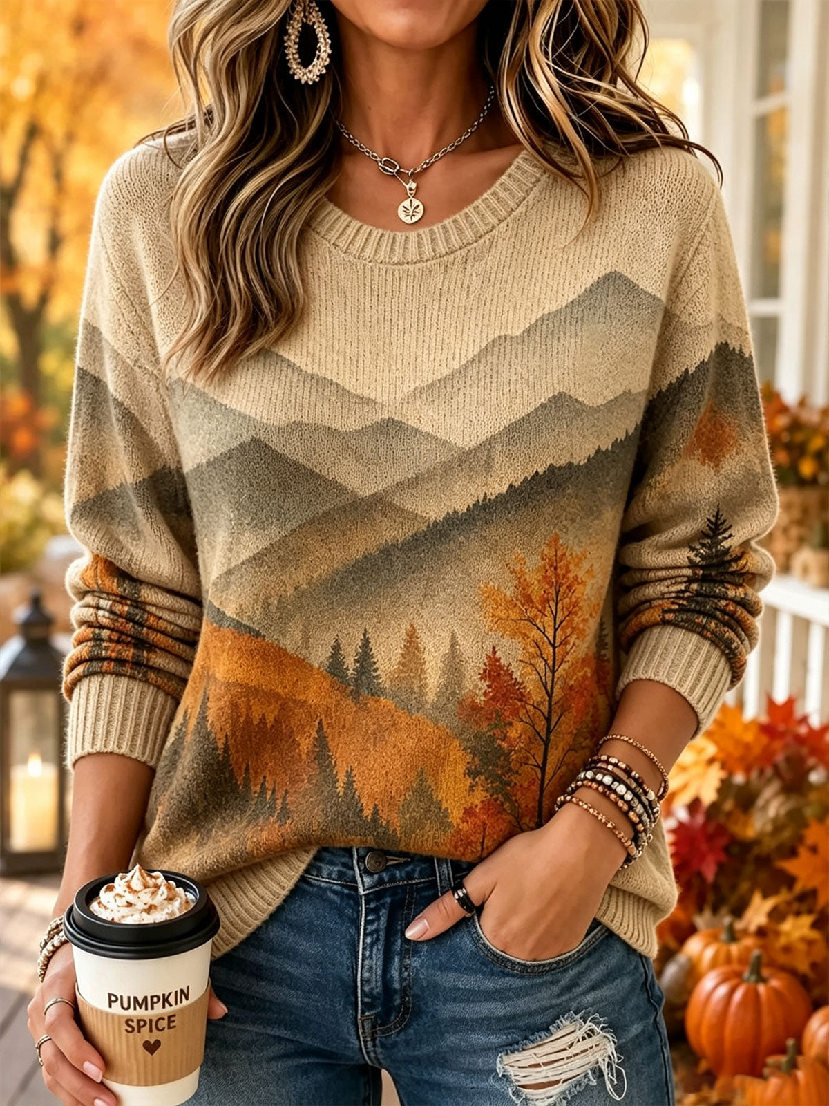 Women Autumn Mountain Forest Landscape Print Crewneck Knit Sweater