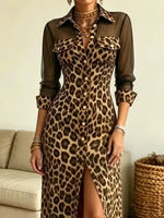 Retro Leopard Pattern Patchwork Art Casual Button Stylish Long Sleeve Maxi Dress