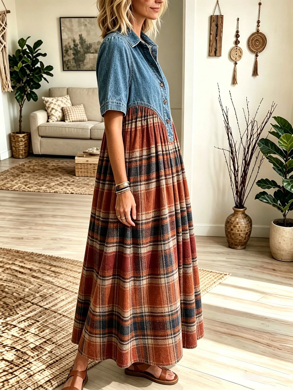 Women's Denim Yoke Plaid Maxi Dress