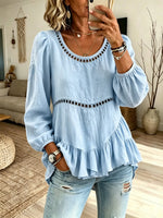 Women Solid Hollow Spliced Puff Sleeve Ruffle Hem Linen Blouse