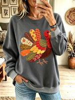 Women Patchwork Turkey Applique Crewneck Thanksgiving Sweatshirt