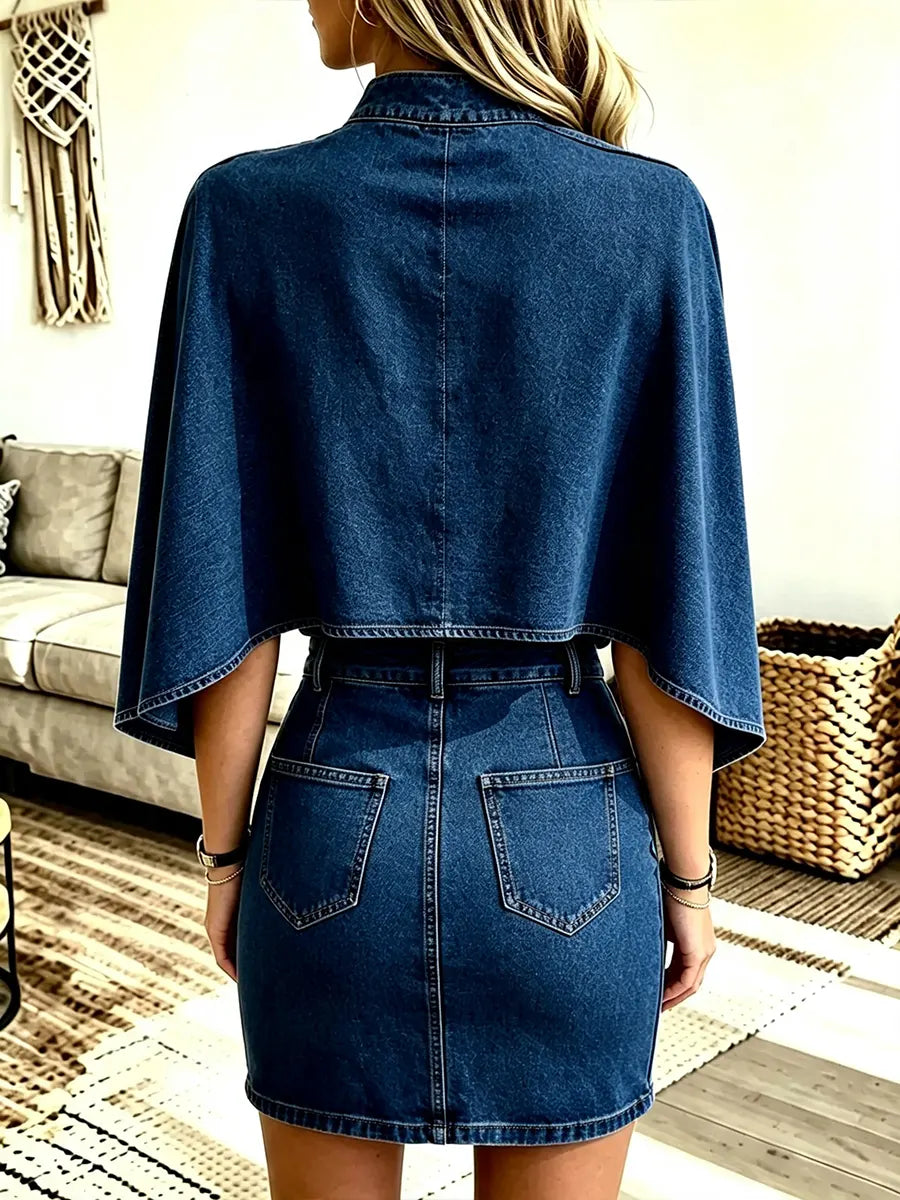 Women’s Elegant 3d Flower Decorated Cape Denim Top