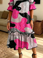 Retro Shiny Pink Patchwork Pattern Art Print Casual Ruffle Stylish Cotton Linen Dress