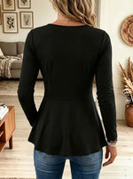Black Sweetheart Neck Floral Metal Button Peplum Long Sleeve Top